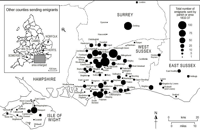 Counties and Parishes sending Petworth  Emigrants identified by the Petworth Project