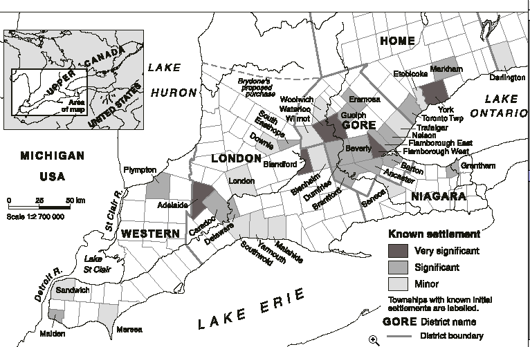 Townships of Upper Canada settled by Petworth Immigrants